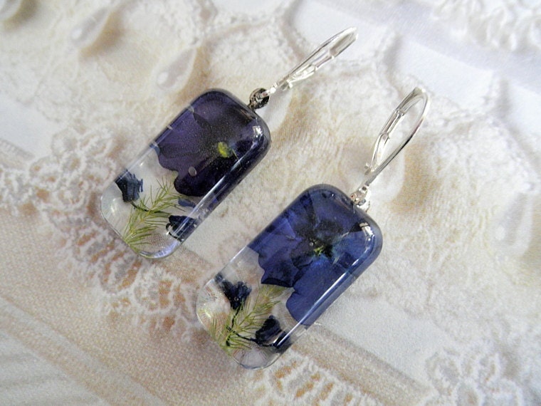 Enchanted With Blue-Rich Blue Verbena and Grape Hyacinth Blossoms Pressed Flower Glass Rectangle Dangle Earrings-Symbolizes Enchantment