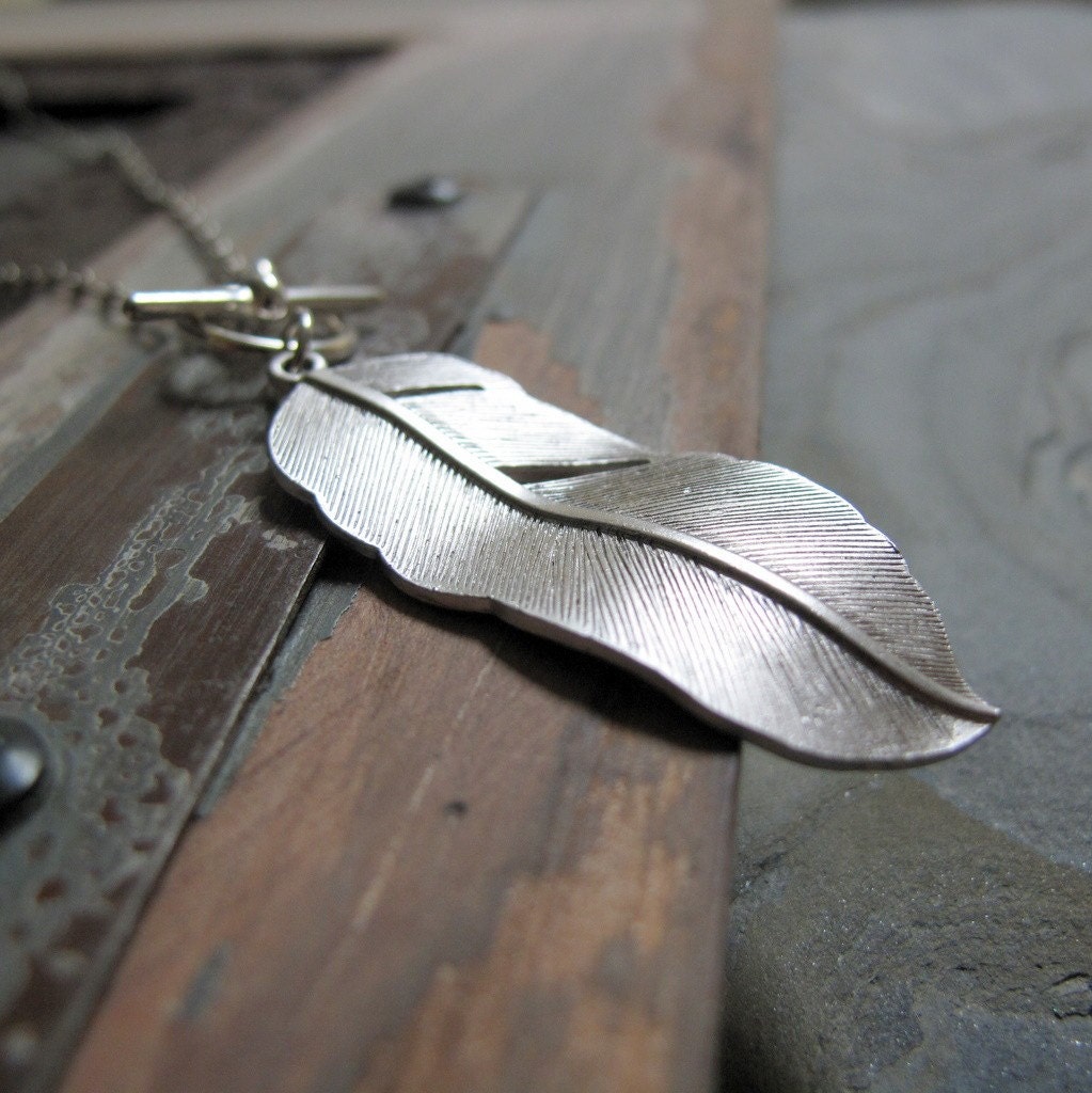 Silver Feather Necklace Pendant, Modern White Gold Bird Feather, Toggle Clasp Necklace - FREE SPIRIT
