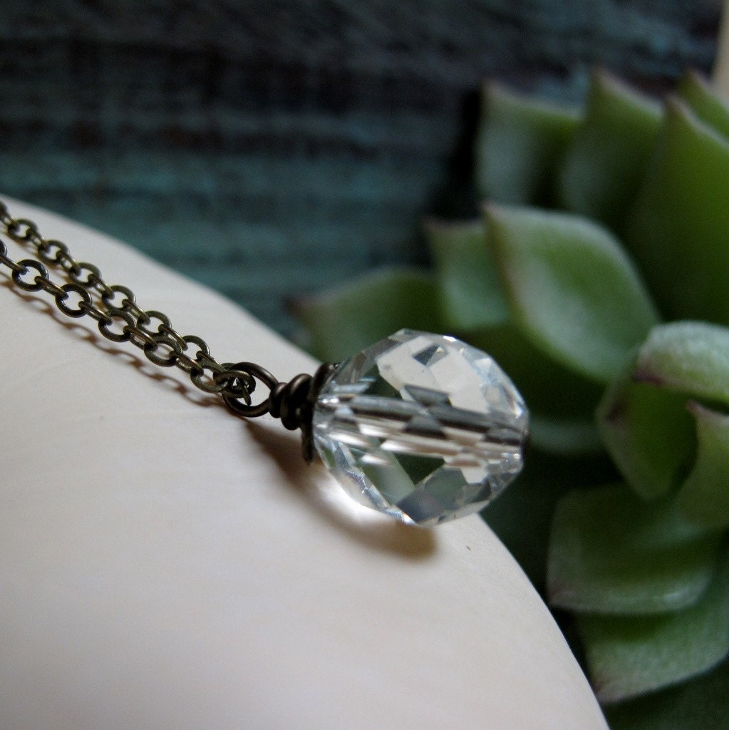 Sparkle - Vintage Crystal Pendant, Antique Gold Brass, 18 Inch Chain