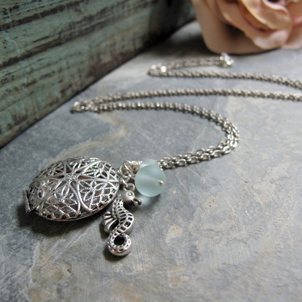 Silver Filigree Locket, Sea Horse Charm, Aqua Sea Glass, Vintage Style Beach Charm Necklace, Long 28 Inch Chain - BEACH COMBER