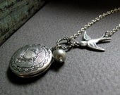 Antique Silver Bird Locket, Small Round Locket, Vintage Style Necklace, Gray Pearl, 18 Inch Chain - SWEET WHIMSY