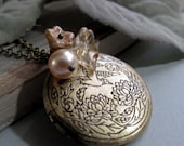 Bird Locket Necklace, Antique Gold Brass Locket, Flower and Pearl Charms, Vintage Style, Long 28 Inch Chain - SWEET SPRING