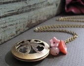 Filigree Locket, Antique Gold Brass, Round Locket with Pink Flowers, Vintage Style, Long 28 Inch Chain - PEONY