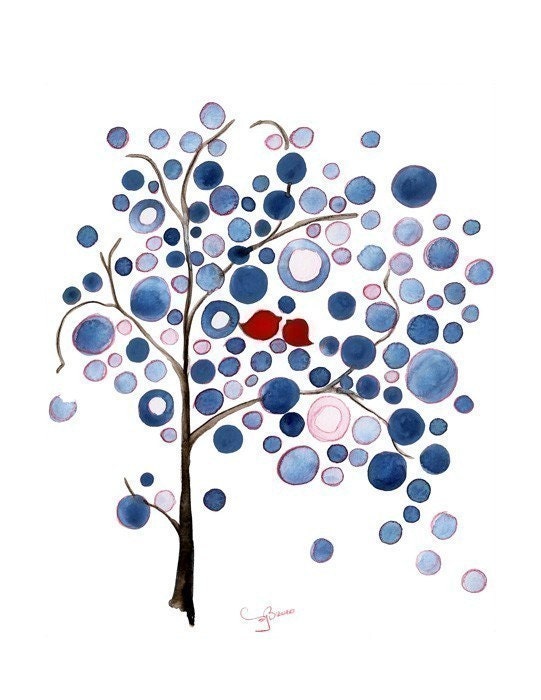 Love birds AMERICAN FLAG TREE art print, painting, blue white red, bird room decor home Poster children kids wall art wedding book - onceuponapaper