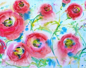 abstract original watercolor painting large poppy garden flower landscape contemporary modern 20 x24 frame ready