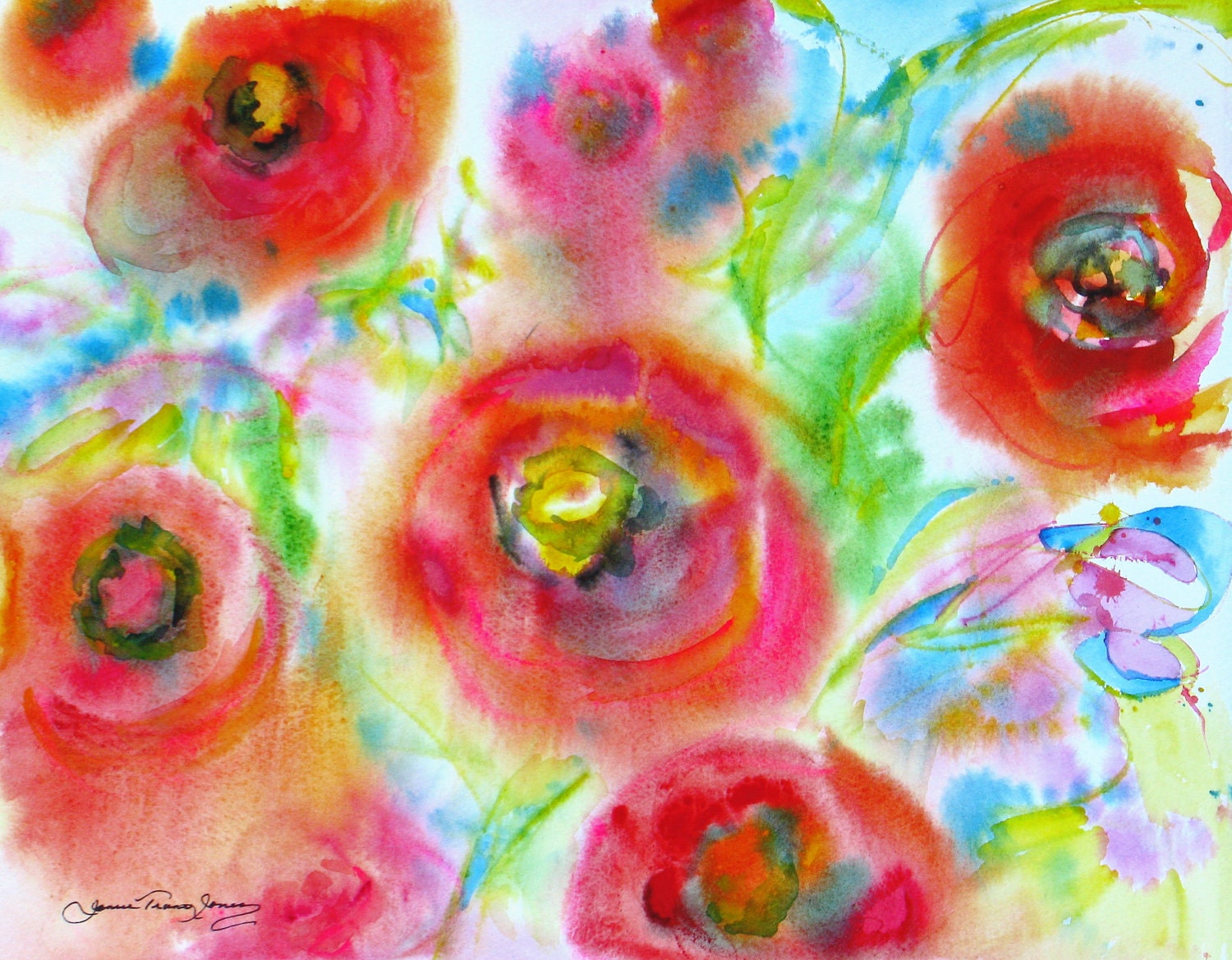abstract poppy original watercolor painting garden flower landscape contemporary 16 x 20 frame ready