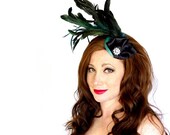 Cocktail Hat with Turquoise Green Black Feathers Turquoise Hat Base Black Satin Ribbon and Crystal Embellishement