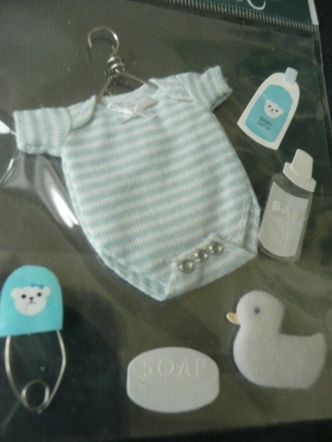 BABY BOY ONESIE Jolee's Boutique Scrapbooking supplies stickers -Clothes on metal hanger, duckie, pin