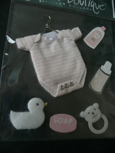 BABY GIRL Jolee's Boutique 3d Scrapbooking stickers -  Onsie, Clothes on metal hanger, duckie, pin, and baby accessories
