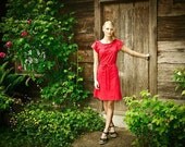 Party Dress, Poppy Red Cotton Jersey, puff sleeves, aline, modern chic- made to order