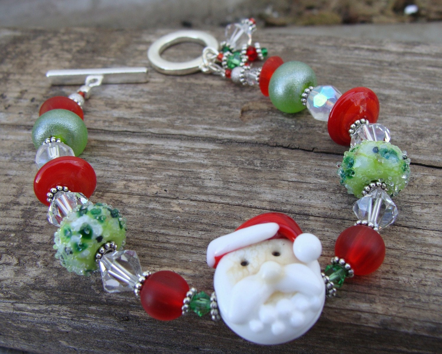 Santa Artisan Lampwork Bracelet Christmas Red and Green