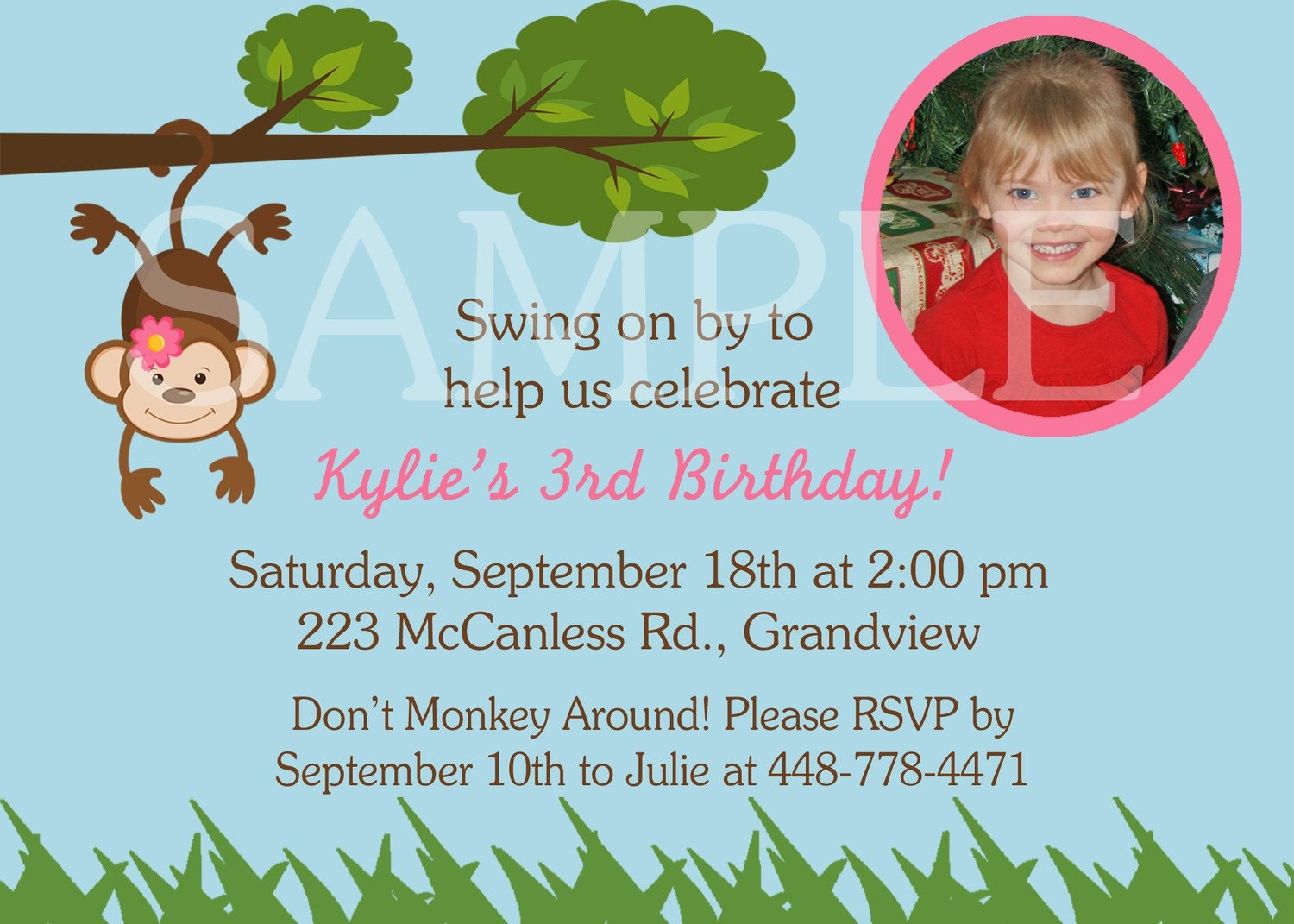 Swinging Monkey Photo Birthday Invitations - Boy or Girl - Digital jpeg file - 4x6 or 5x7