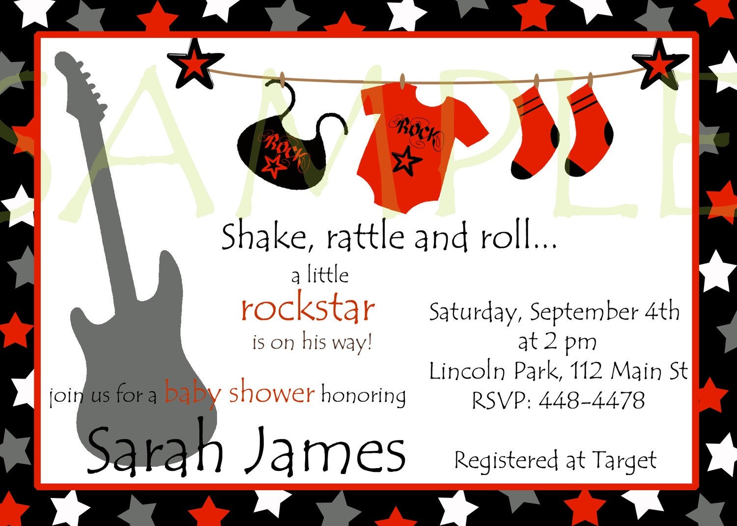 Rockstar Baby Shower Boy Invitations Red Black and Silver Gray
