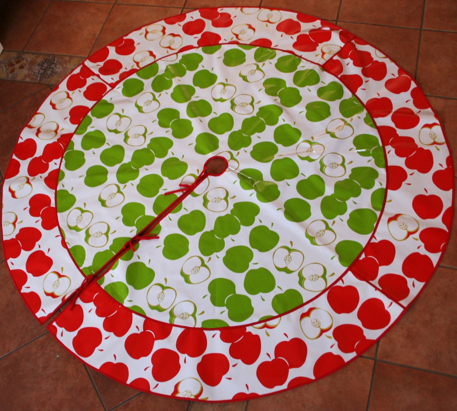 Green and Red Apple Mexican Christmas Oilcloth tree skirt LARGE REady to Ship