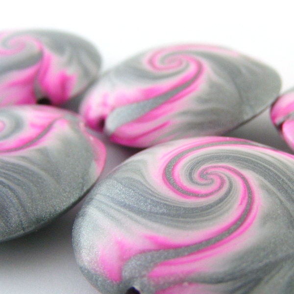 Polymer Clay Beads Swirl Beads Polymer Clay Lentil in Silver And Magenta - Set of 5