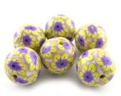 Beads Polymer Clay Beads With Wassabi Green and Plum Flowers Beads - Set of 6