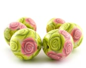 Rose Beads Polymer Clay Beads with Wassabi Green And Pink Roses- Set of 6