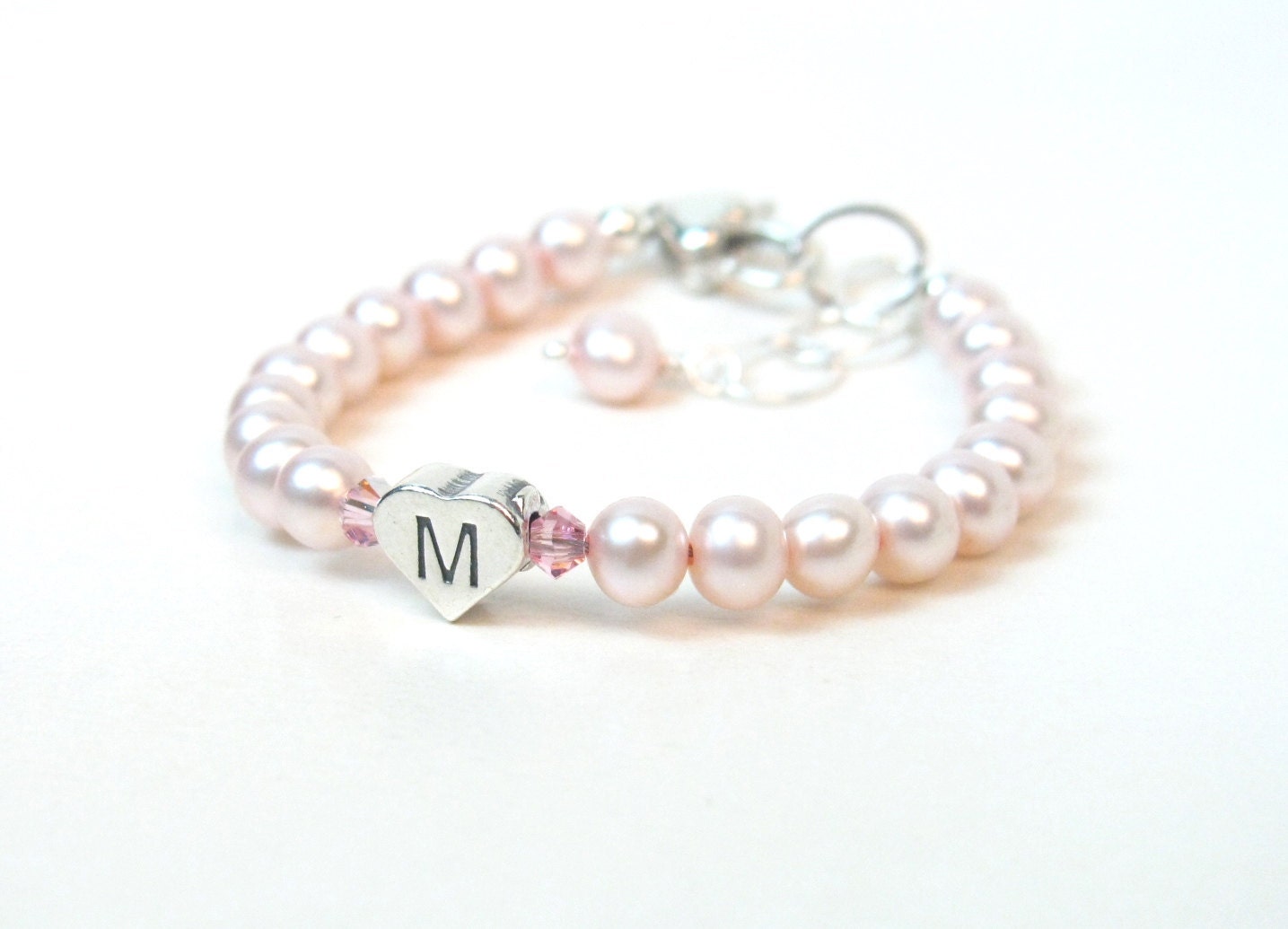 Baby Bracelet - Pink Freshwater Pearl Bracelet with Initial Heart for Girl, Toddler or Baby