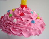 Cake Topper Cupcake for First Birthday party ,CUPCAKE CANDLE HOLDER ,  photography prop shoot,  jewelry box keepsake , pink frosting