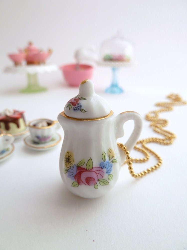 SALE - Tea Party Teapot  necklace alice in wonderland miniature Charm white and gold ceramic tea pot  unique gifts birthday girls party