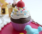 Katy Perry necklace cupcake  -polymer clay fimo Pendant alice in wonderland with silver ball chain necklace and spoon Charm  white frosting tea party cup of coffee unique gifts birthday girls party and for the holidays or great prop for katy perry costume