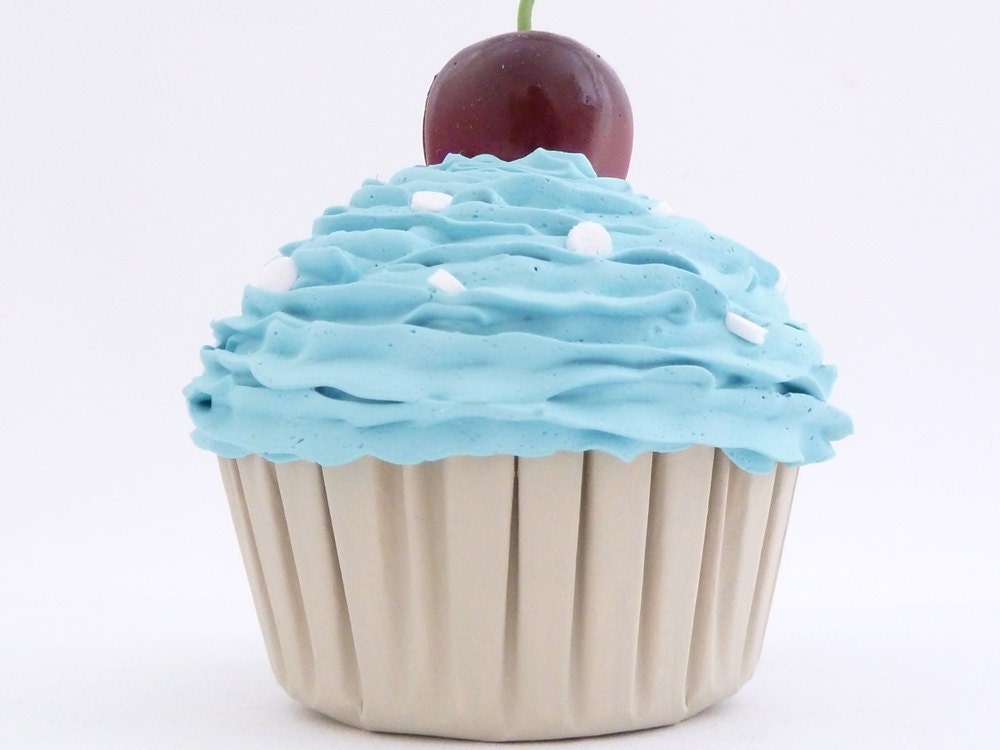 KITCHEN DECORATION fake cupcake kitchen centerpieces to fill cupcake stand and cake stand  blue icing whimsical gift for hostess