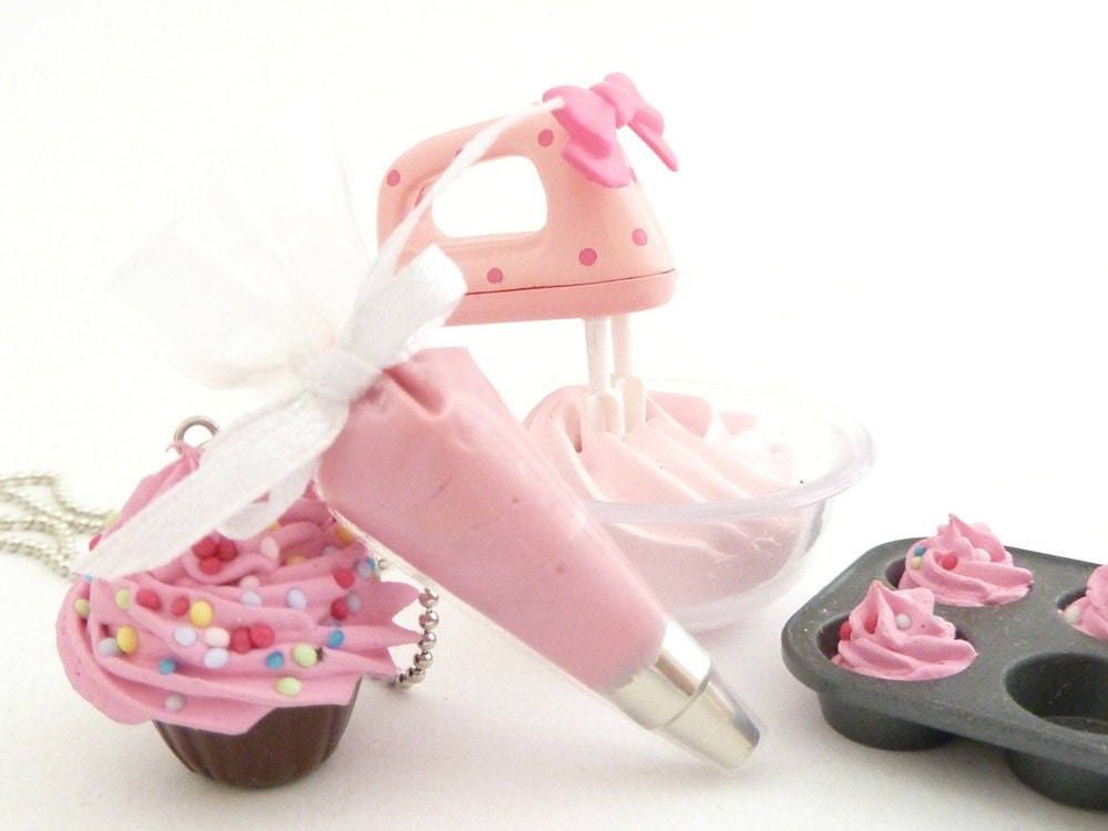 The Bakers Necklace sweet pink Cupcake necklace with pink Pastry Bag charm great as tea party necklace