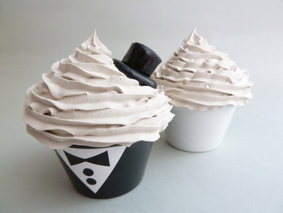 WEDDING RING BEARERS Bride And Groom fake cupcakes whimsical ring holder and can be wedding cake topper - melamine cup cream frosting