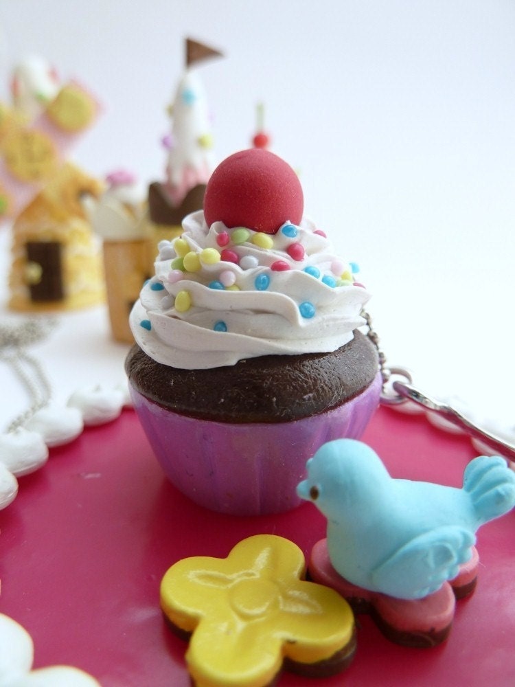 Katy Perry necklace cupcake  -polymer clay fimo Pendant alice in wonderland with silver ball chain necklace and spoon Charm  white frosting tea party cup of coffee unique gifts birthday girls party and for the holidays or great prop for katy perry costume