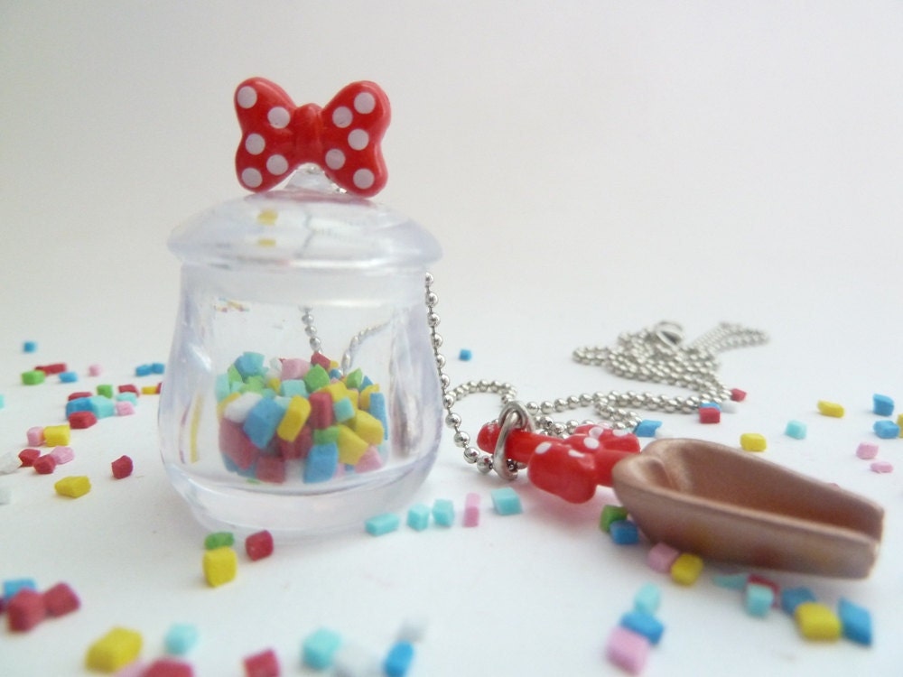 CANDYLAND NECKLACE Candy Jar necklace with sweet candy spoon Miniature charms with silver ball chain