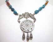 Necklace, Turquoise, Bohemian Gypsy, Horn, Silver Medallion N478
