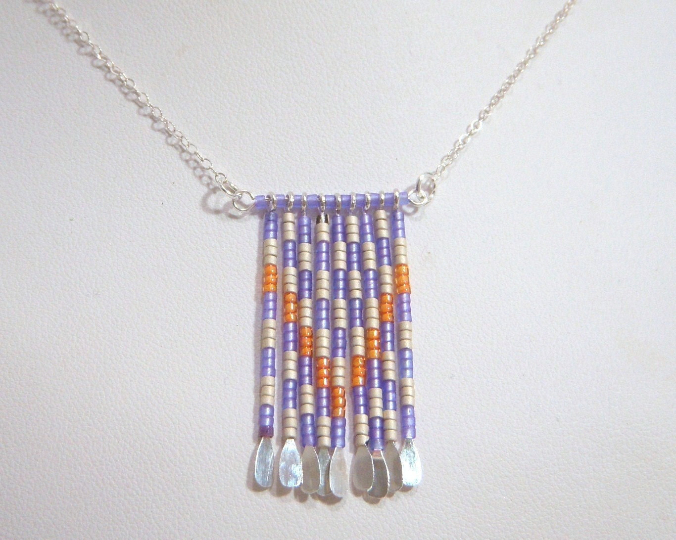 Necklace, Chevron Beaded, Purple, Orange, White, Sterling N485