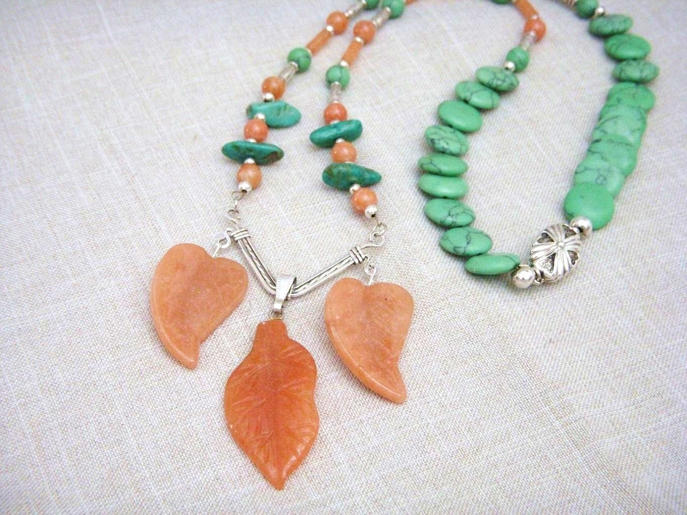 Necklace, Turquoise, Southwestern, Aventurine Leaves N024