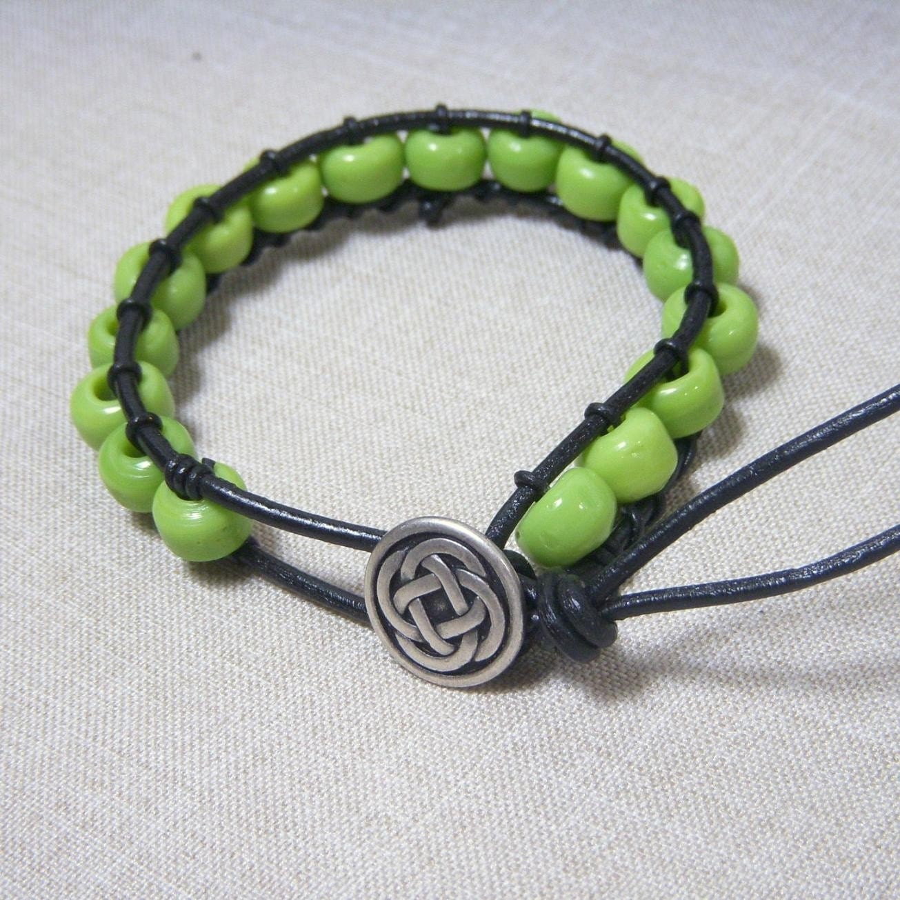 Bracelet, Leather, Wrapped Green Glass Beads B376