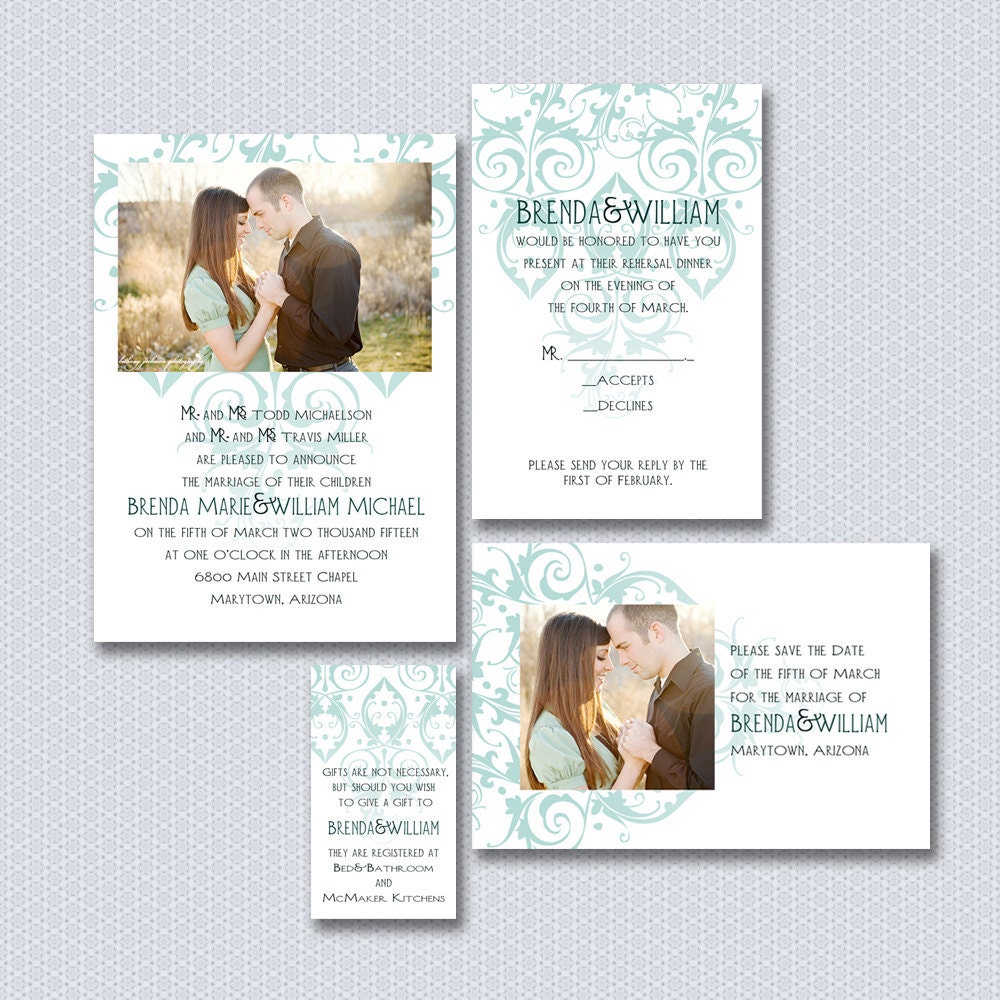 Blue Flourish, a printable wedding suite with Invitation, RSVP, Save the Date, and information card