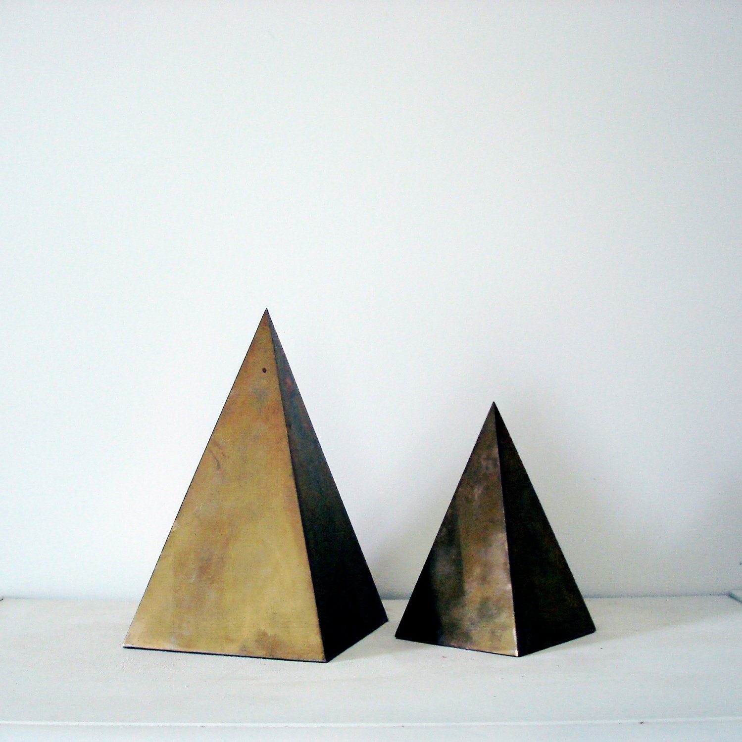Brass Geometric Triangle Pyramid Statues - Set of 2 - Pair