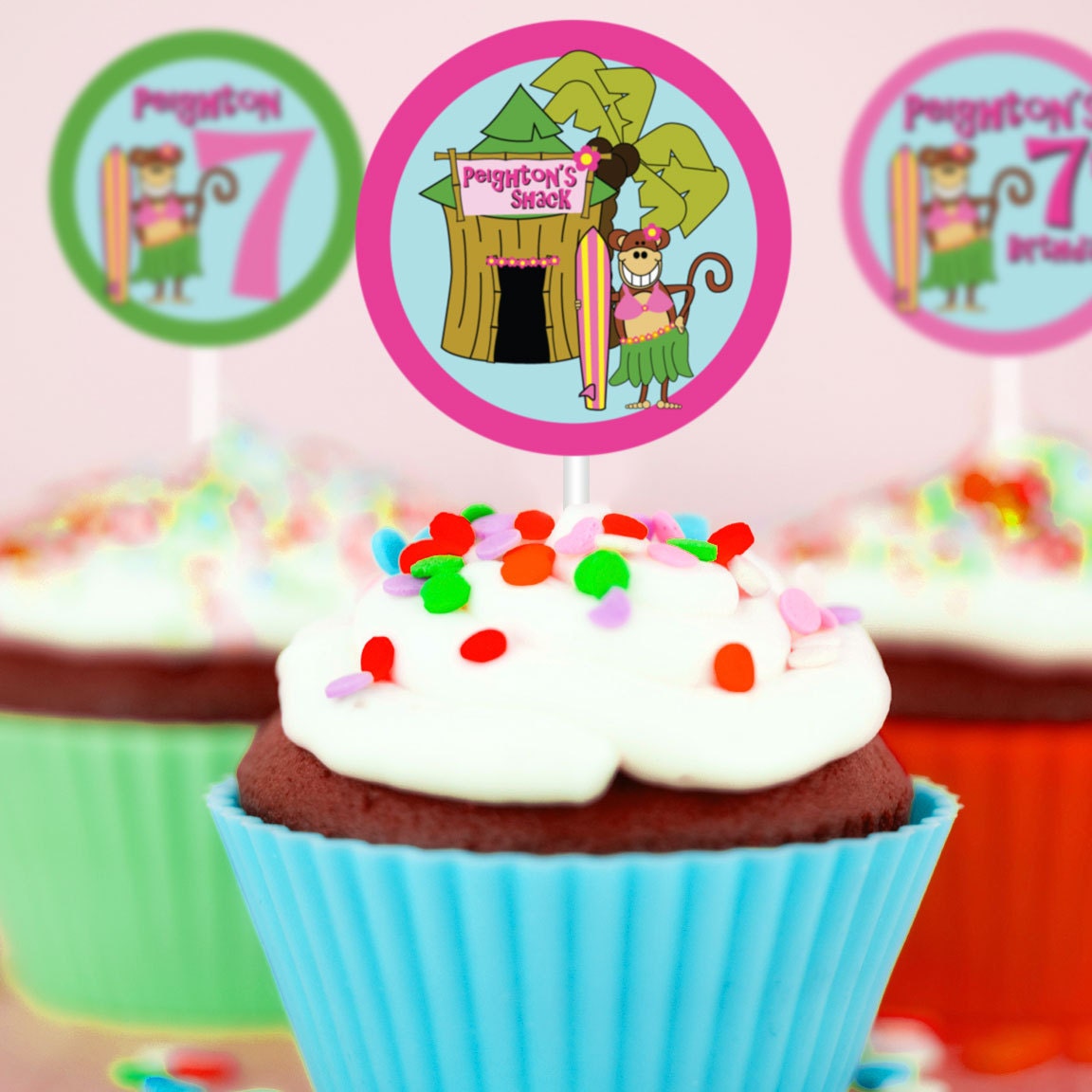 PERSONALIZED Beach Monkey Round Cupcake Toppers