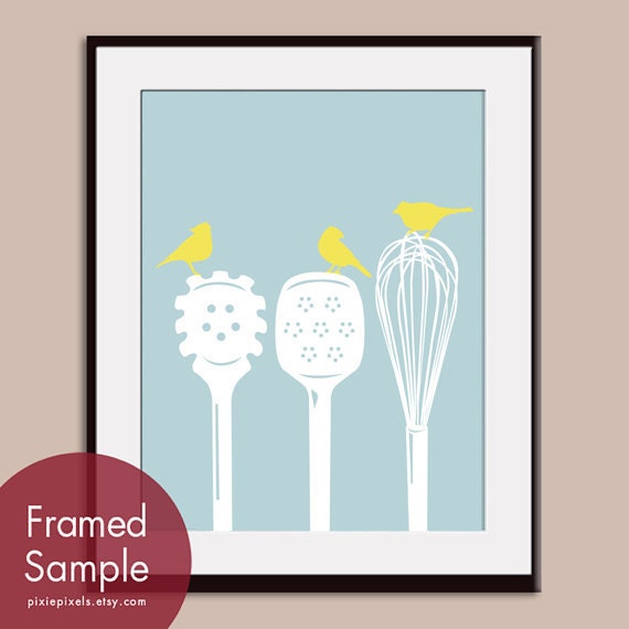 Birds on a Pasta Ladle, Spatula & Whisk 11x14 Print (Featured in Glacier Blue and Canary) Modern Vintage Prints (Customizable Colors)