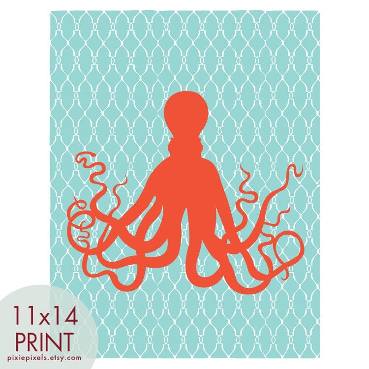 Aquatic Octopus 11x14 PRINT (Featured in Duck Egg and Coral) (Modern French Style) Nautical/Beach(Customizable Colors) Buy 3 get 1 Free
