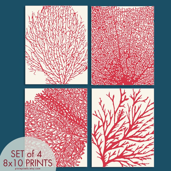 Underwater Sea Coral Collection (Series C) Set of 4 - 8x10 Art Prints (Featured in Ruby Red and Soft Cream)