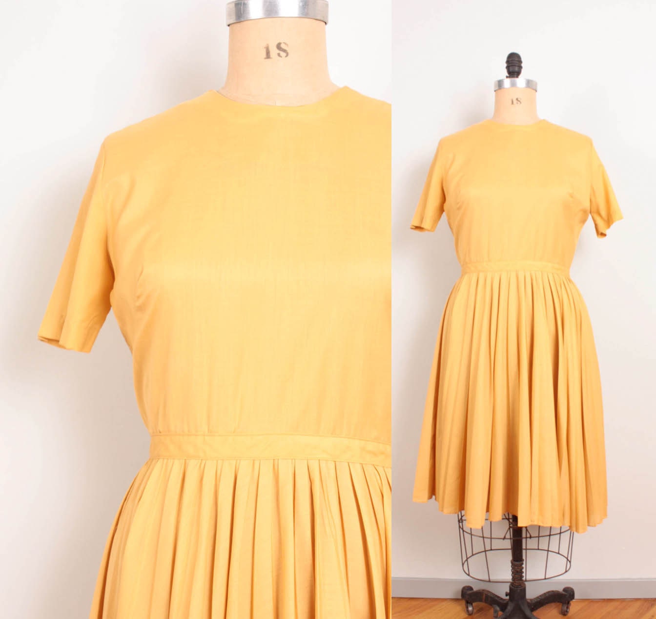 1950s Dress / Mustard Yellow Cotton 50s Day Dress - Womens XL / Plus Size - Pleated Full Skirt Short Sleeve Handmade Home Sewn Dress