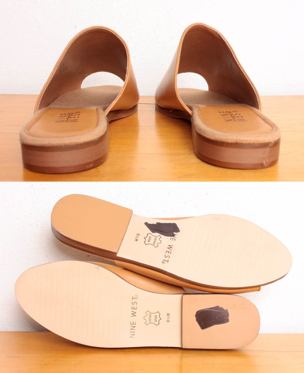 80s / 90s Slide Sandals / Tan / Nude Leather by Nine West - Size 8.5 Womens - Unworn Basic Open Toe Flat Sandals