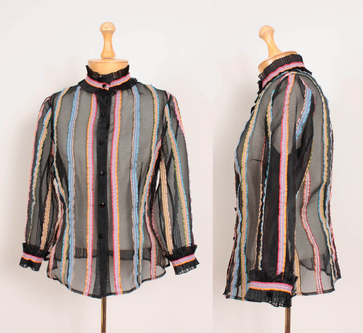 80s / 90s Sheer Silk Blouse / Black w/ Colorful Ribbon Stripes - Womens M - High Necked Neck Button Down Long Sleeves