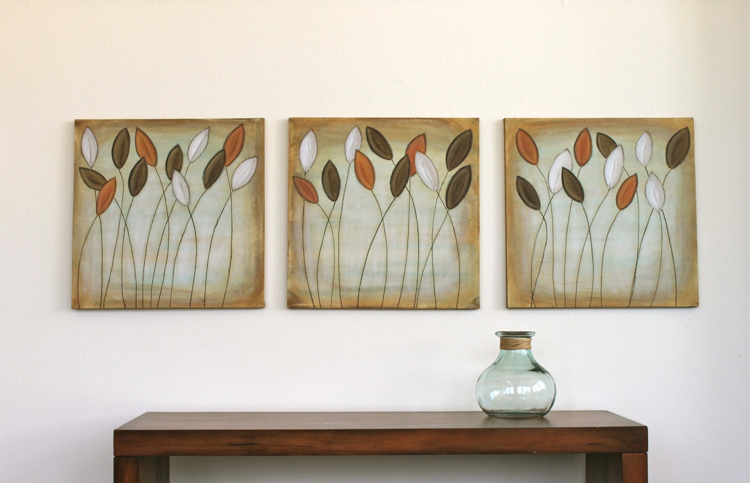 rustic brown orange white leaves original acrylic triptych painting