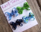 Itty Bitty Bows - Apple Green and Denim Blue - Set of FOUR Clippies - Snap Clips Available
