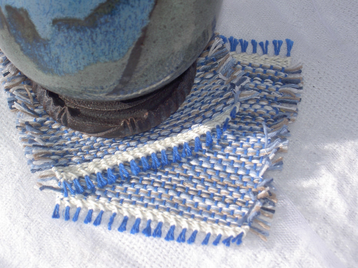 Handwoven Coasters in Blue, Tan, and Cream - QuietStorytellers