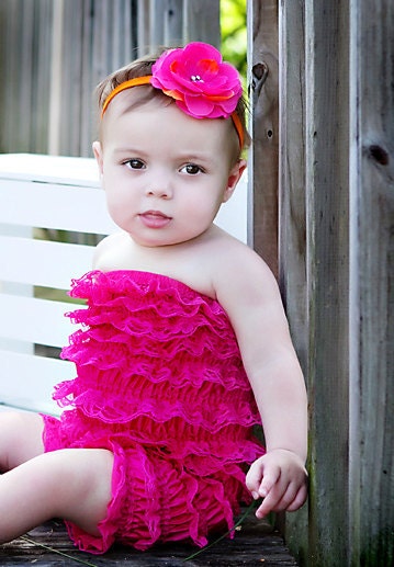 You Pick Size. Chicaboo Hot Pink Ruffled lace petti romper / bloomer. Sizes for ages newborn to 4/5 years. More Colors available