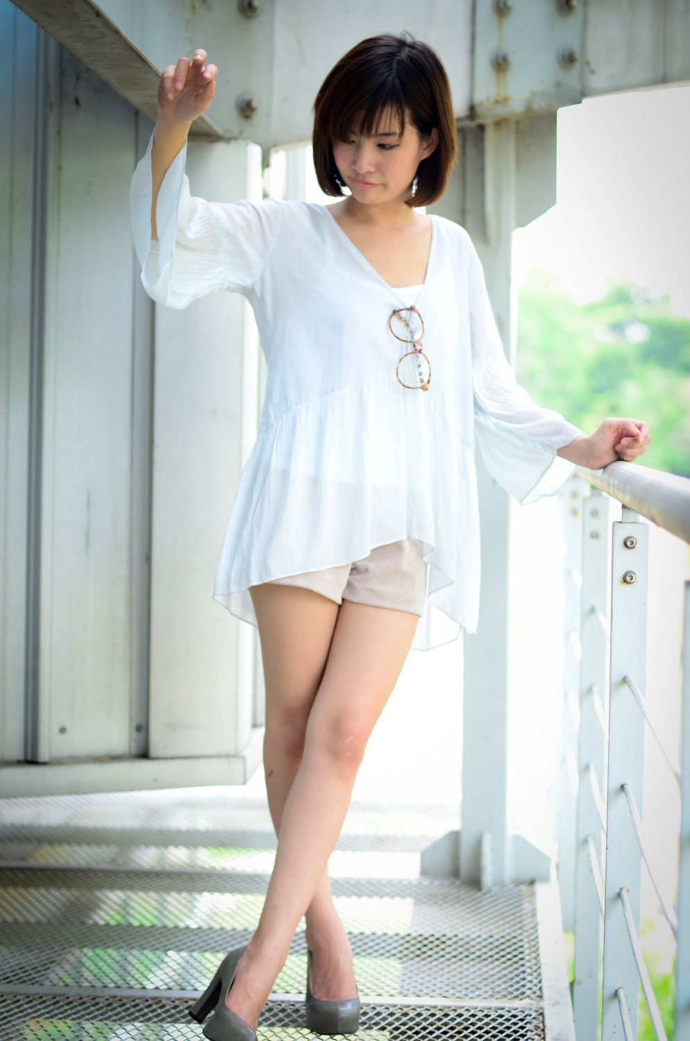 Soft blue Silk Cotton V neck Collar Kimono Sleeves Blouse (Size S - L)