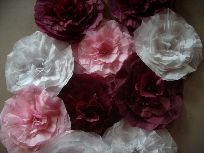 10 Huge Handmade Paper Flowers - Pink, White and Burgandy