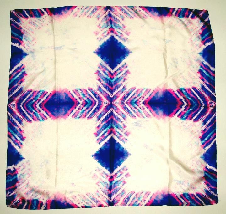 Hand Dyed square SILK SCARF, geometric design, Japanese silk, 28x27 inches, pink, turquoise, royal blue and white